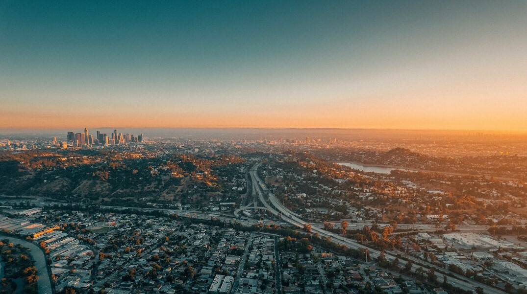 City skyline from above at golden hour