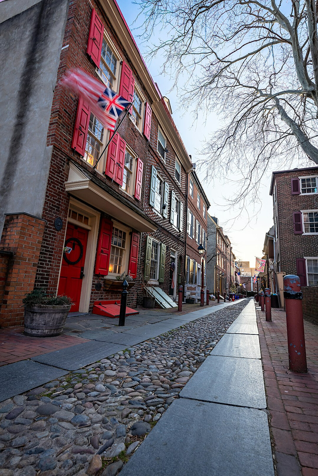 Old harbor town street with colonial buildings